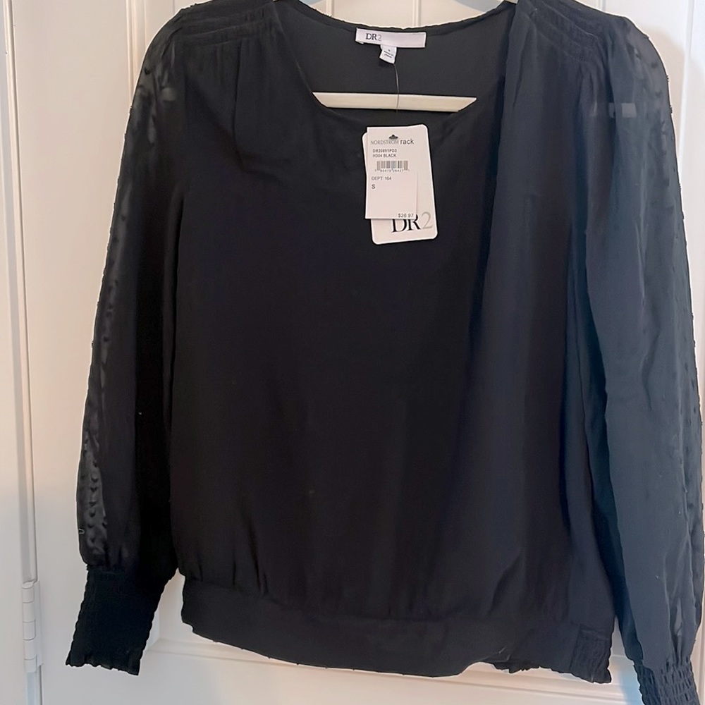 Black blouson top from Nordstrom Rack with sheer heart/polka dot detail sleeves